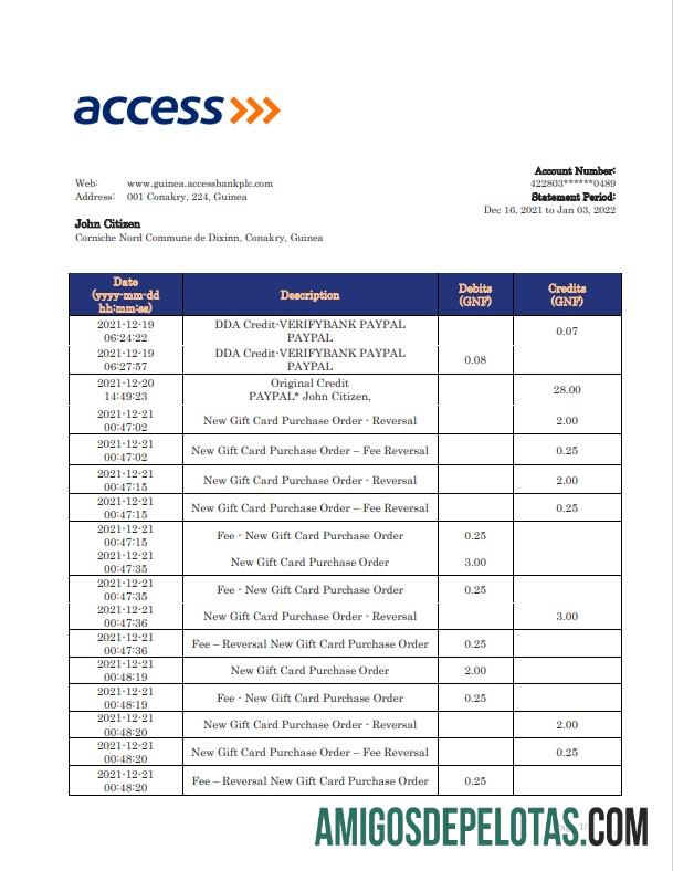 modelo realista de extrato bancário de acesso da Guiné, formato Word e PDF